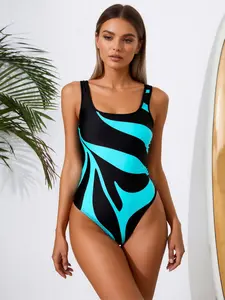 2026 summer black patchwork cyan printed one-piece swimsuit, square neckline with wide shoulder straps + high-waisted bottoms, one-piece swimsuit suitable for all body types, a must-have retro swimsuit for beach vacations