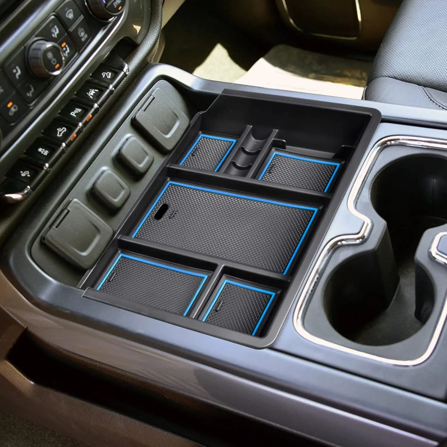 Center Console Organizer Tray Compatible with Chevy Silverado/ Sierra 1500/2500/3500HD 2014-2018,15-19 Silverado/Sierra 2500HD/3500HD Accessories Compartment,Full Console w/Bucket Seats ONLY,Blue