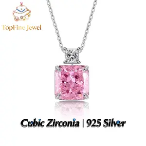 925 Sterling Silver Pink High Carbon Iced Out Cubic Zirconia Double-Layer Square Diamond Pendant Necklace Elegant and glamorous jewelry, perfect for pairing with women's everyday outfits, weddings, parties, and semi-formal occasions