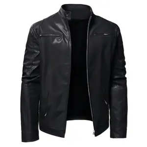 Men's Plus Size Premium Faux Leather Biker Jacket - Sleek Black with Zipper Pockets, Stand Collar, Long Sleeves - Casual & Versatile for All-Season Style - Perfect for Spring & Fall, PLUS SIZE