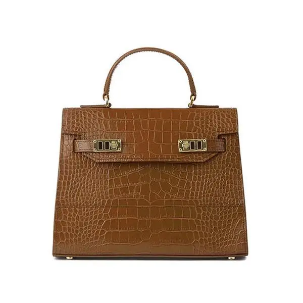 Women's Chic Kim Croco 11" Camel Brown Handbag, Adjustable Strap, Expandable, Multi-Compartment for Evening Use