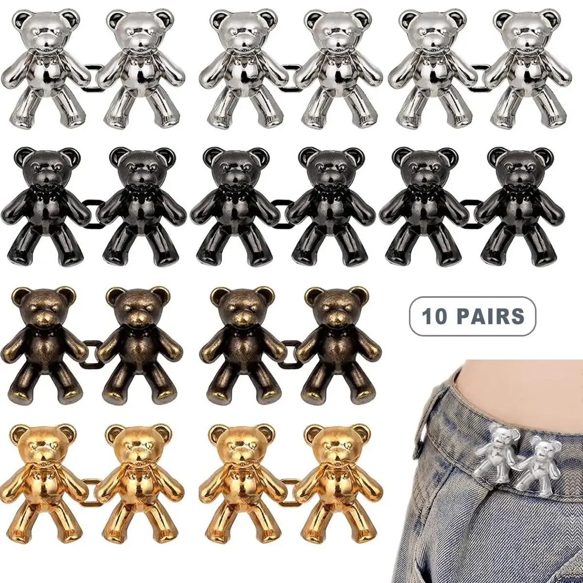 【Clearance】 Cute Bear Design Waist Button, 10 Pairs Colorful Bear Design Jeans Waist Button, Detachable No-punch No-seam Waist Button, Sewing Accessor