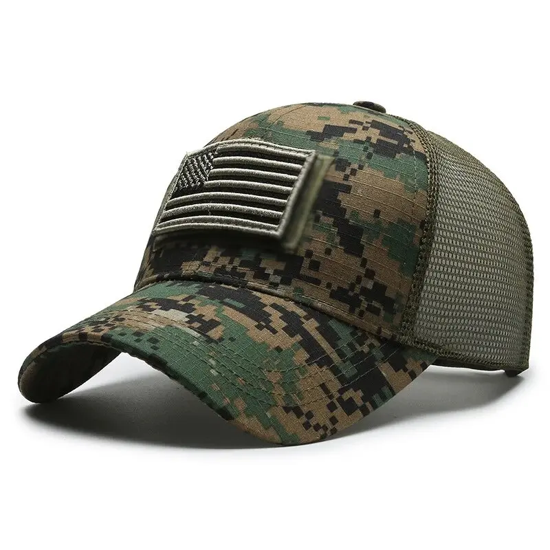 Unisex Polyester American Flag Embroidered Camo Trucker Cap - Mens Hats, Sports & Outdoor Hats, All Seasons Breathable Mesh, Adjustable Snapback, UV Sun Protection, Casual Style, Ideal for Hiking/Light Outdoor Tactical Use, Camo Pattern, Polyester Mesh, A