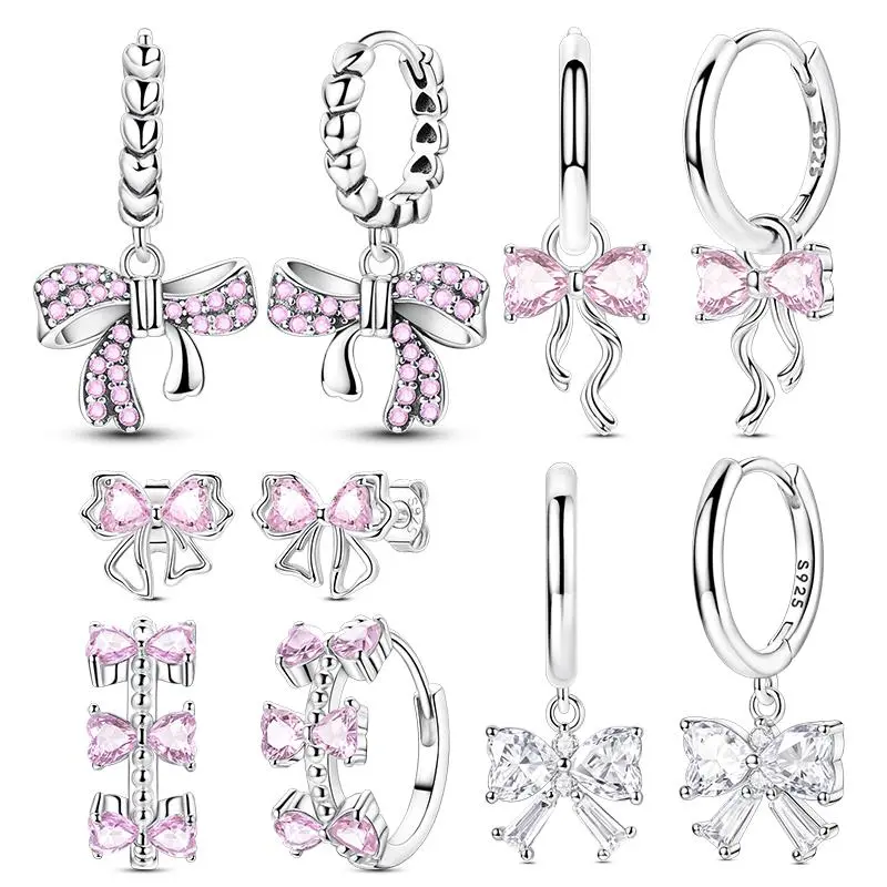 925 Sterling Silver Bow Earrings for Women's Wedding Fashion  Jewelry Sparkling Ribbon Pink Pearl Bow Hoop Earrings