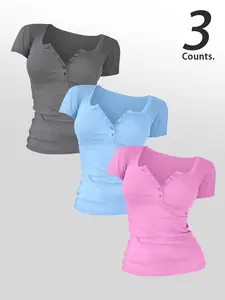Women's Solid Color Plain Buttons 3 Pieces  V Neck Slim Tee, Casual Women's Short-Sleeve T-shirt For Summer, Ladies Basic Clothes for Daily Wear, TikTok Trending T-shirt Women