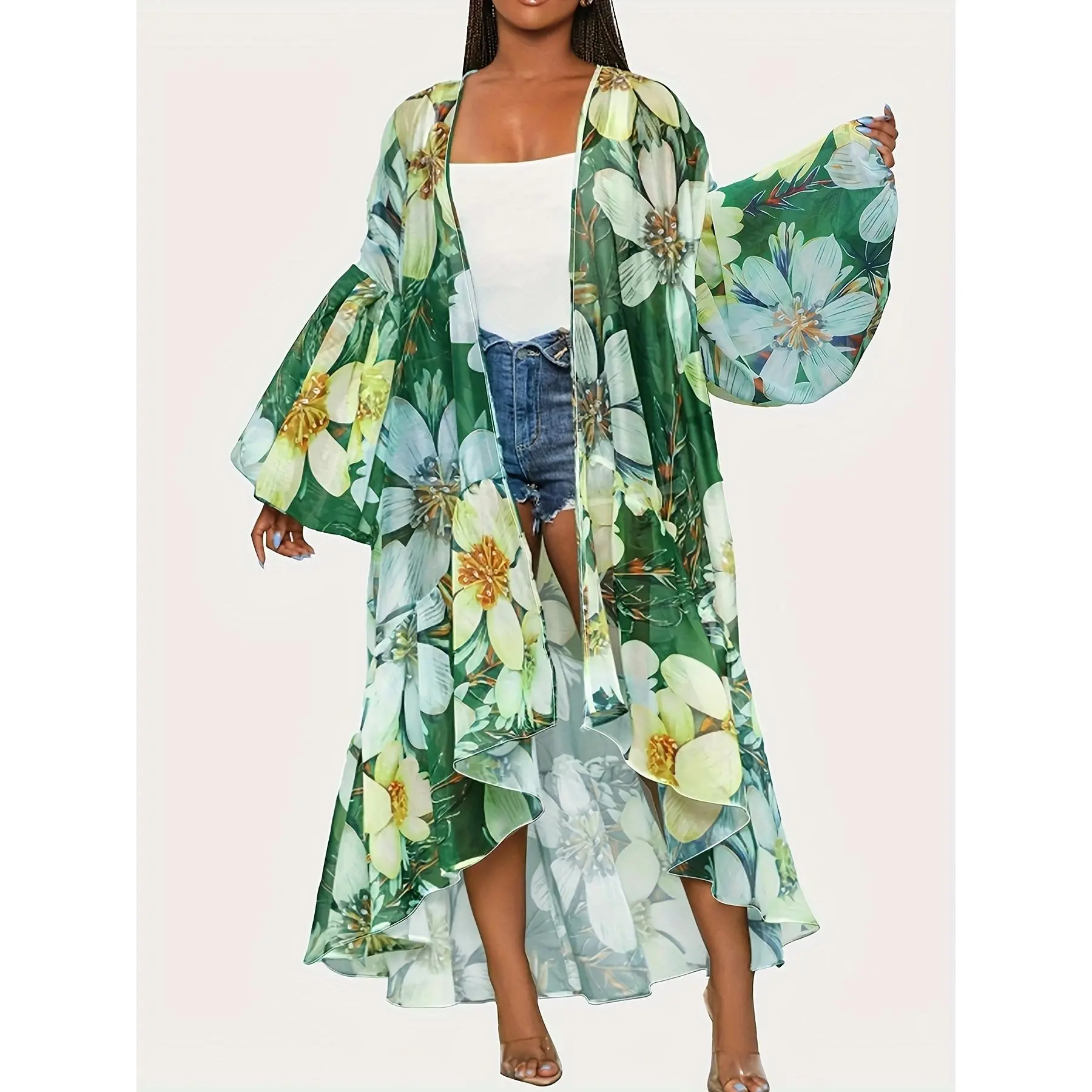Chic Abstract Print Cardigan Top - Stylish Open Front & Batwing Sleeves - Perfect Casual Vacation Wear for Women Bohemian Floral Print Kimono Cardigan - Casual, Versatile Open Front Cover-Up for Women,, Vacation Style