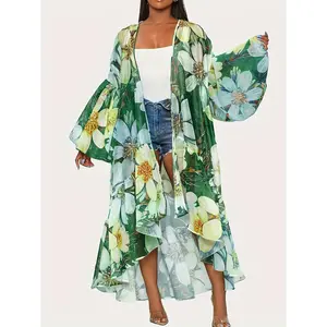 Chic Abstract Print Cardigan Top - Stylish Open Front & Batwing Sleeves - Perfect Casual Vacation Wear for Women Bohemian Floral Print Kimono Cardigan - Casual, Versatile Open Front Cover-Up for Women,, Vacation Style