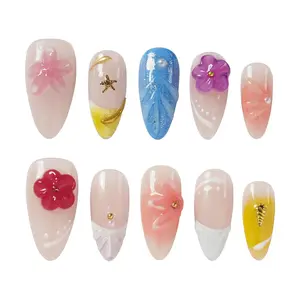 Handmade Press on Nails 3D Floral Carved Medium Almond Fake Nails French Tips, Multi-Layer Gel Acrylic Nails for Women Nail Art (Sheer Floral Glow,S)