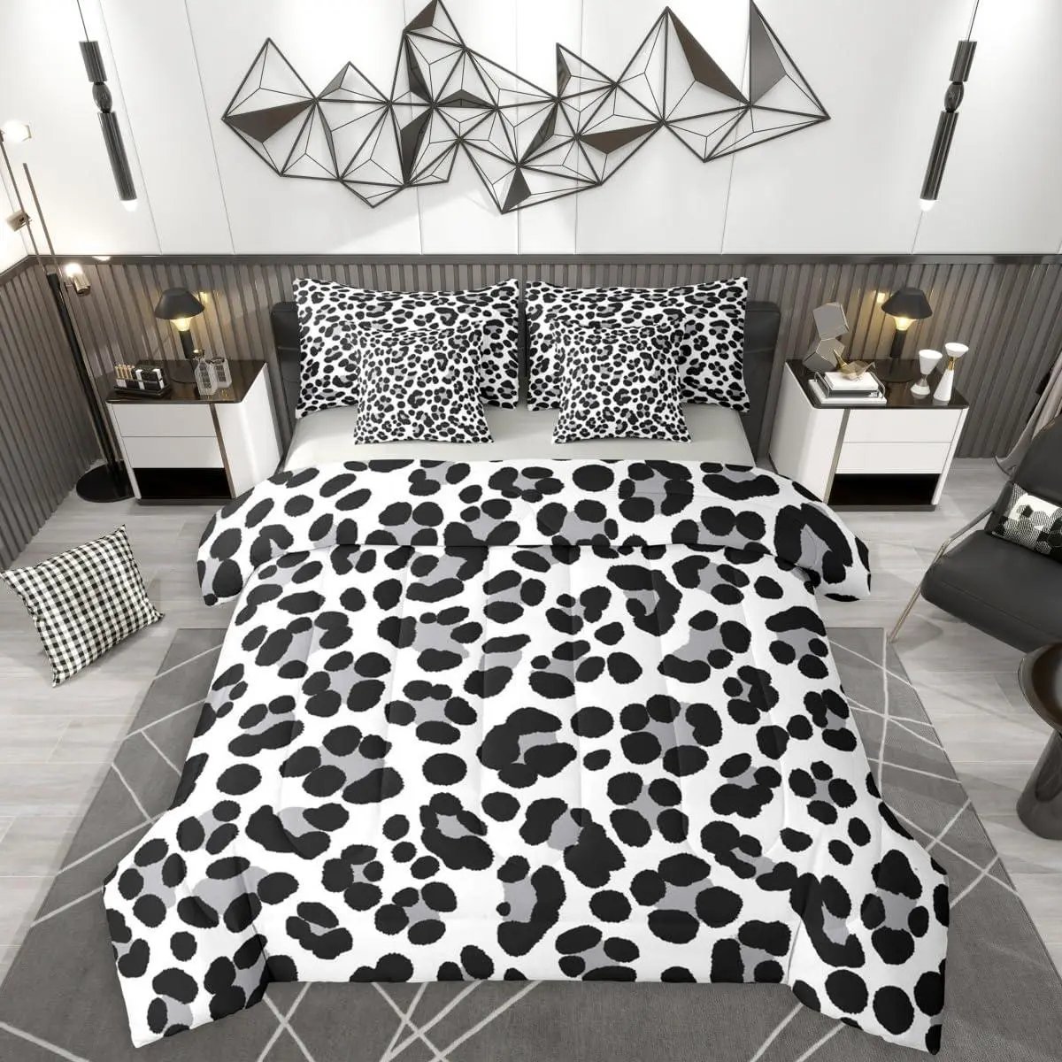 Leopard Cheetah Print 7 Pieces Bedding Set,Grey Black White Bed in a Bag,Animal Skin Texture Bed Set Includes Comforter,Sheet Set,Pillowcases & Pillow Covers,Farmhouse Rustic Bedroom Decor