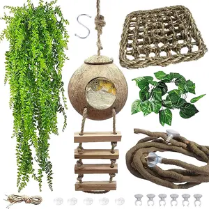 Lizard Coco Den with Ladder,Leopard Gecko Coconut Husk Hut Hideout Home Reptile Hammock Climbing Hanging Plants Decor Habitat Tank Accessories for Bearded Dragon Snake ChameleonJungle Climber Bearded Dragon Tank Accessory