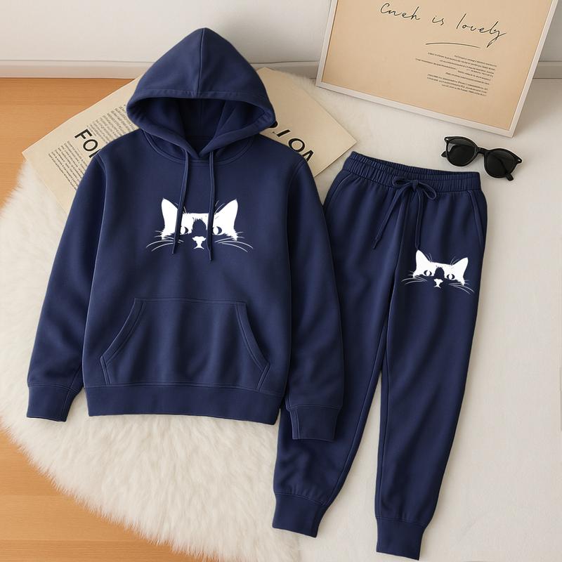 Women's Cat-Patterned Hoodie And Drawstring Track Pants Set, Casual Sportswear, Long-Sleeved Hooded Jacket And Pants, Suitable For Autumn And Winter, Everyday Wear, Indoor And Outdoor Sportswear, Sportswear Set, Casual Sportswear.