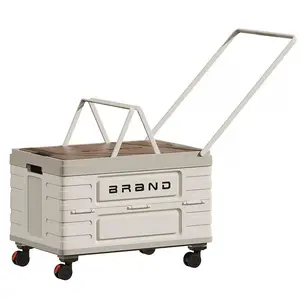 Foldable Camping Storage Box, Camping Trolley with Wooden Table Lid, Camping Storage Cabinet with Detachable Wheels, Handle, Camping Organizers and Storage for Outdoor