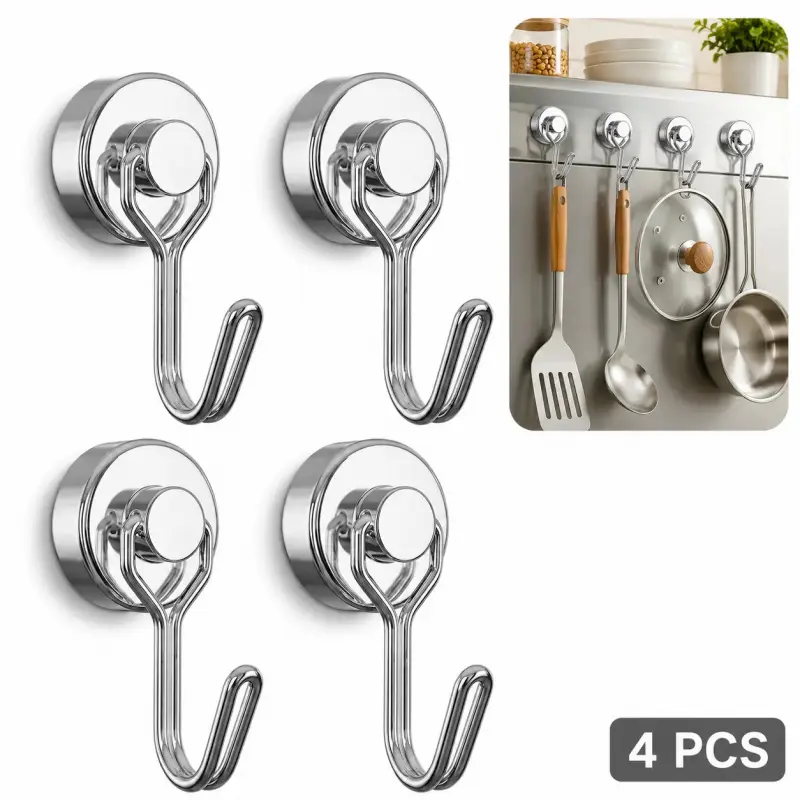 4PCS Metal Hangable Kitchen Hook Organiser Set - Strong Magnetic, 360 °     Rotating Wall Hanger for Pots, Pans, Utensils, Laundry Towels