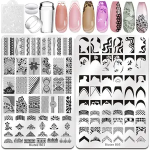 Nail Stamping Plates Set 2 PCS Large Plate 110 Patterns Nail Art Stamper Scraper Nail Stamp Template Kit French Line Lace Flower Design Masnicure Plates