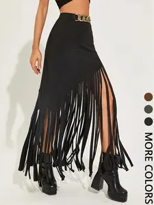 Women's Solid Color Fitted Fringe Trim Skirt, Fashionable Long Skirt for Party Club Dating Wear, Women's Bottoms for Summer