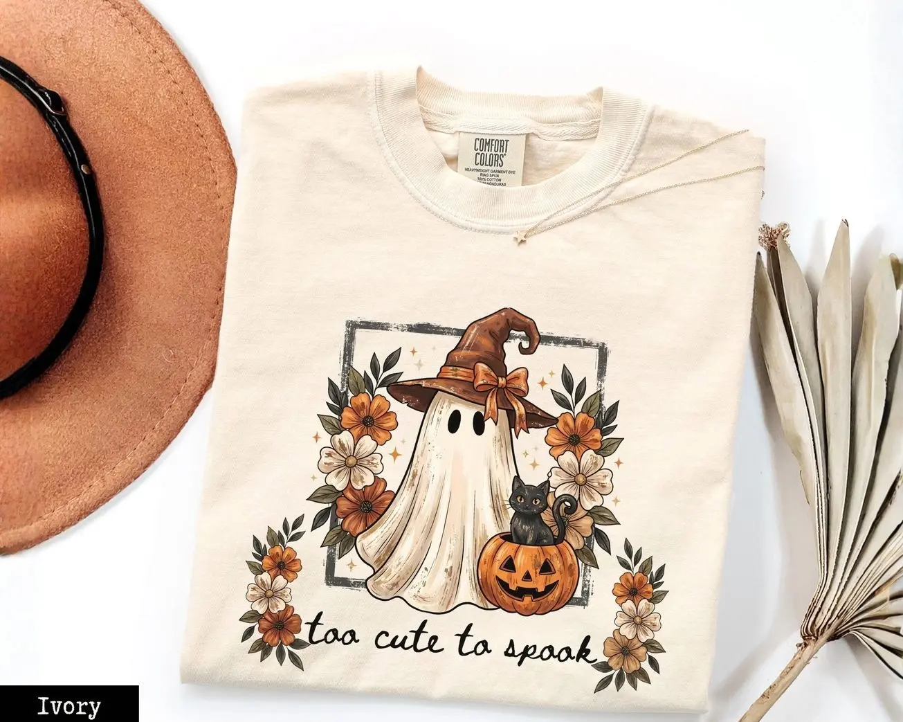 Comfort Colors Too Cute To Spook Ghost T-Shirt, Cute Halloween Ghost Graphic Tee, Coquette Fall Floral Ghost Shirt, Spooky Season Black Cat Pumpkin Apparel, Aesthetic Spooky Vibes Party Outfit, Trendy Fall Halloween Party Gift for Women & Men