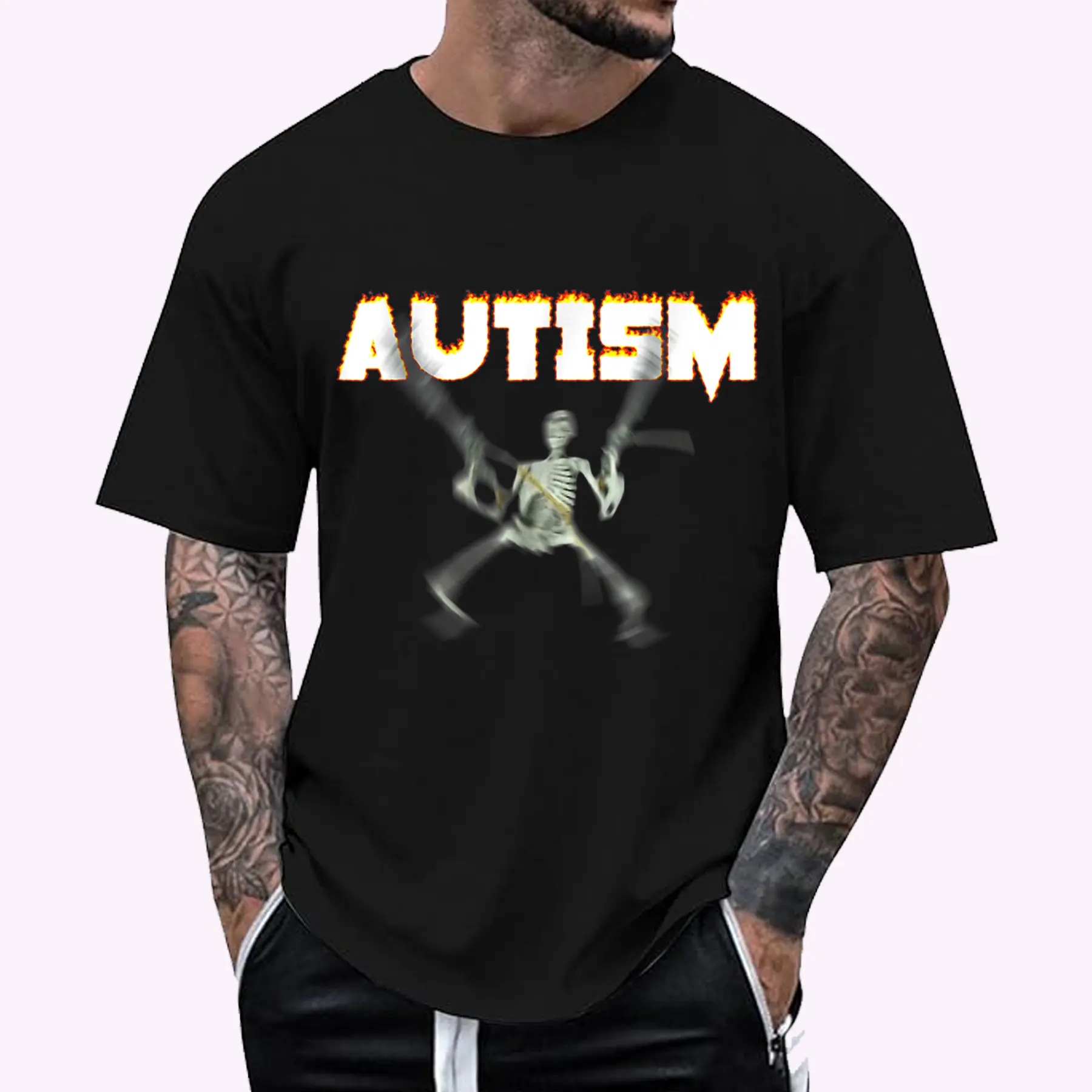 Autism Skeleton Meme Graphic T-Shirt - Cotton, Short Sleeve, Crew Neck, Menswear Top