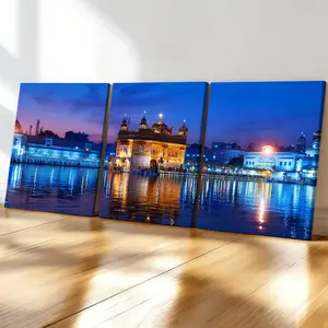 3-Piece Wood Framed Canvas Art Set, San Diego Golden Temple Night Scene Triptych Decorative Posters, Modern Artistic Wall Art for Living Room & Office, Wall Decor Pictures