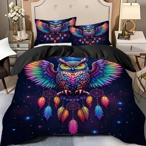 2/3 Pcs Rainbow Owl Quilt Cover Set(1* Quilt Cover+1/2* Pillowcase,No Filling)Soft High-End Digital Printed Decorative Bedding Set,Perfect Gift For Family,Friends During The New Year Holiday!Suitable For All Year Round!Machine Washable