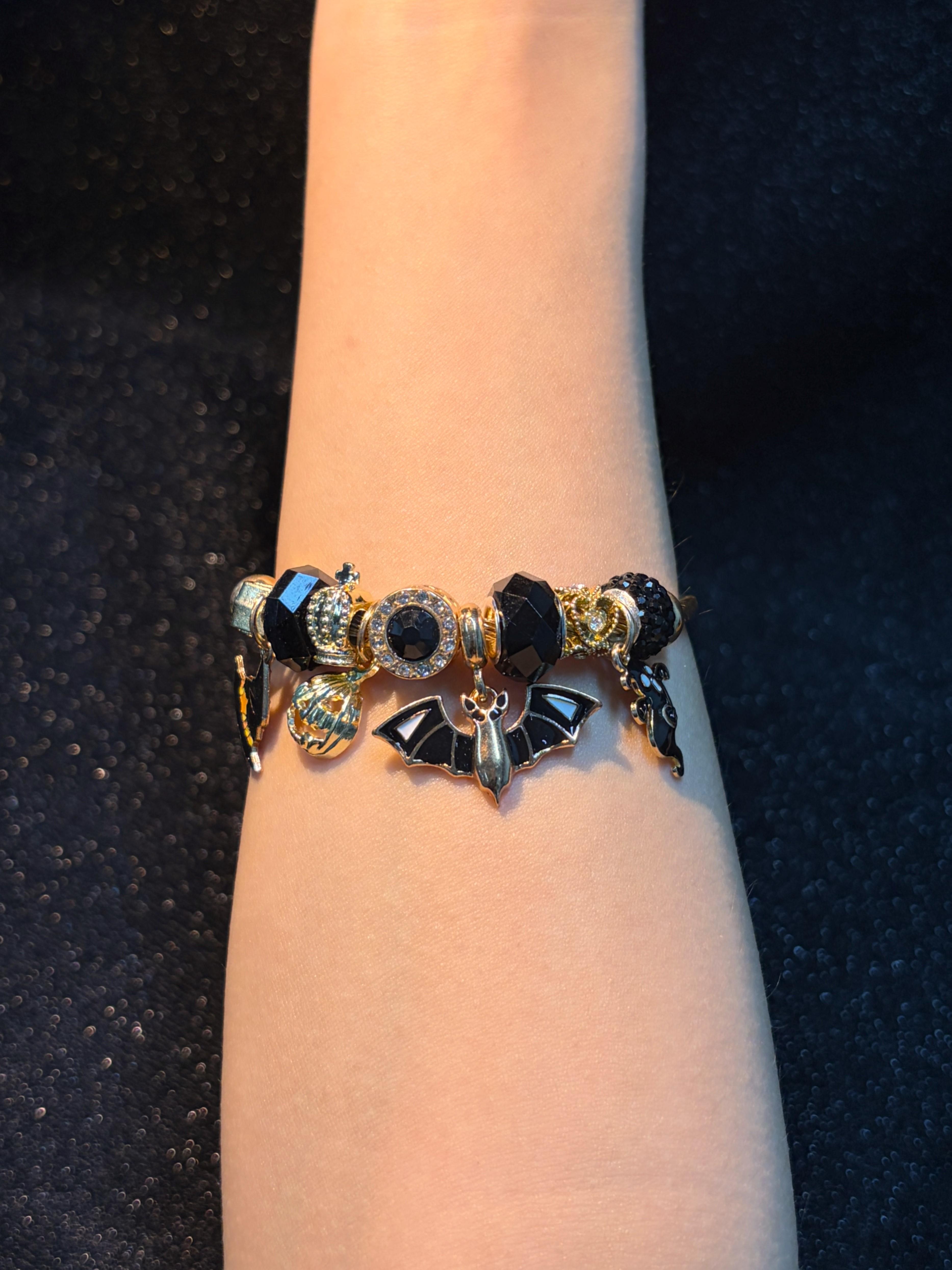 Women's Gold-Tone Open Cable Charm Bangle with Black Crystal Beads, Halloween Witch Hat Pumpkin Bat Ghost Charms, Stackable Costume Jewelry Bracelet