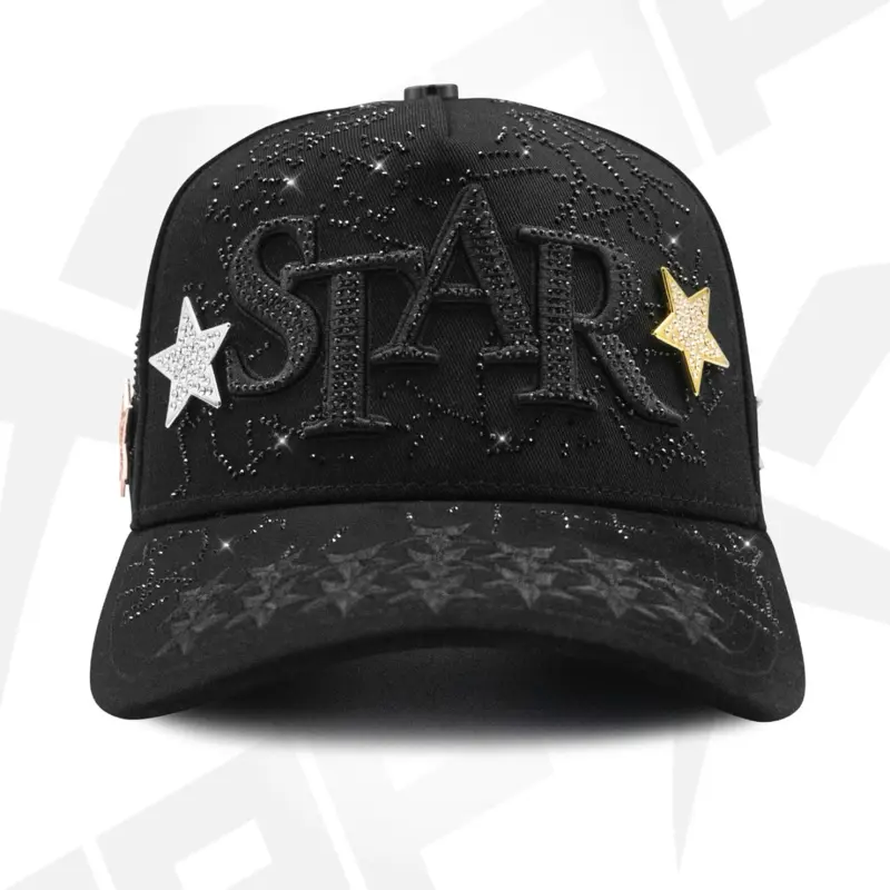 2026 Star Brand Black Baseball Cap with Gold Star Embroidery and White Star Detail for Stylish Daily Wear