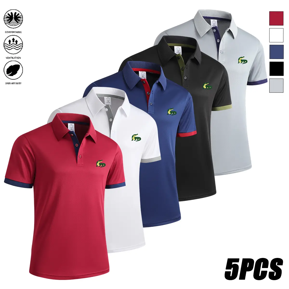 Pack of 5 Men’s Polo Shirts — Short Sleeve, Moisture-Wicking Sports Shirt, Casual Golf T‑Shirt,back to school,back to school shopping