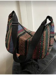 Large Capacity Dumpling Bag 2026 Women Retro Striped Canvas Shoulder Bag Fashion Crossbody Bag Boho Style Crossbody Bohemian Style Female Bag Bohemian Casual Purse