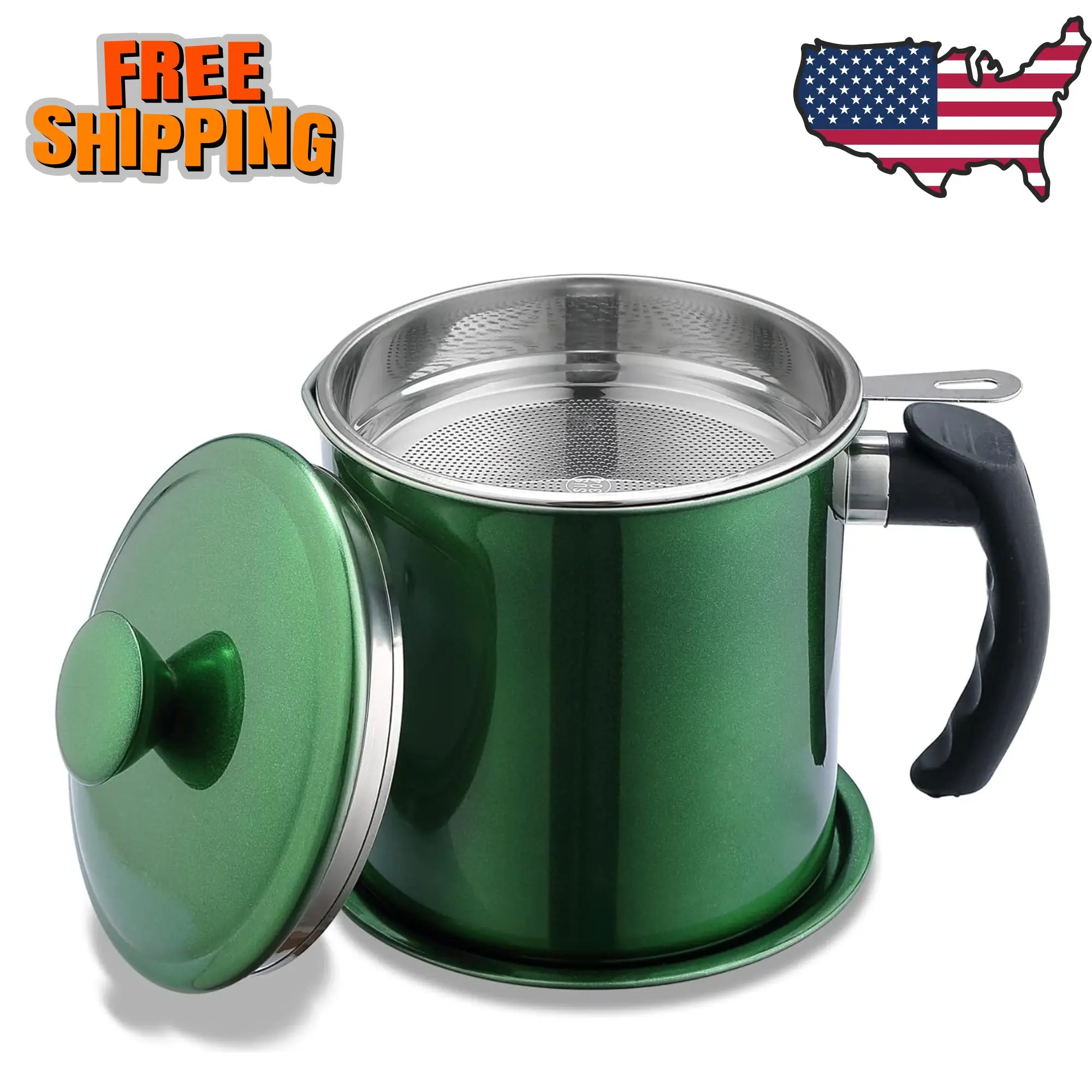 Bacon Grease Container With Strainer, 48 oz Metal Shining Green Coating Oil Container