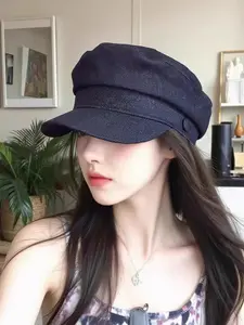 Women's Vintage Flat Top Octagonal Hat, Fall Winter Korean Style Painter Hat, Casual Fitted Beret, Plain Design, All Seasons, Minimalist Headwear