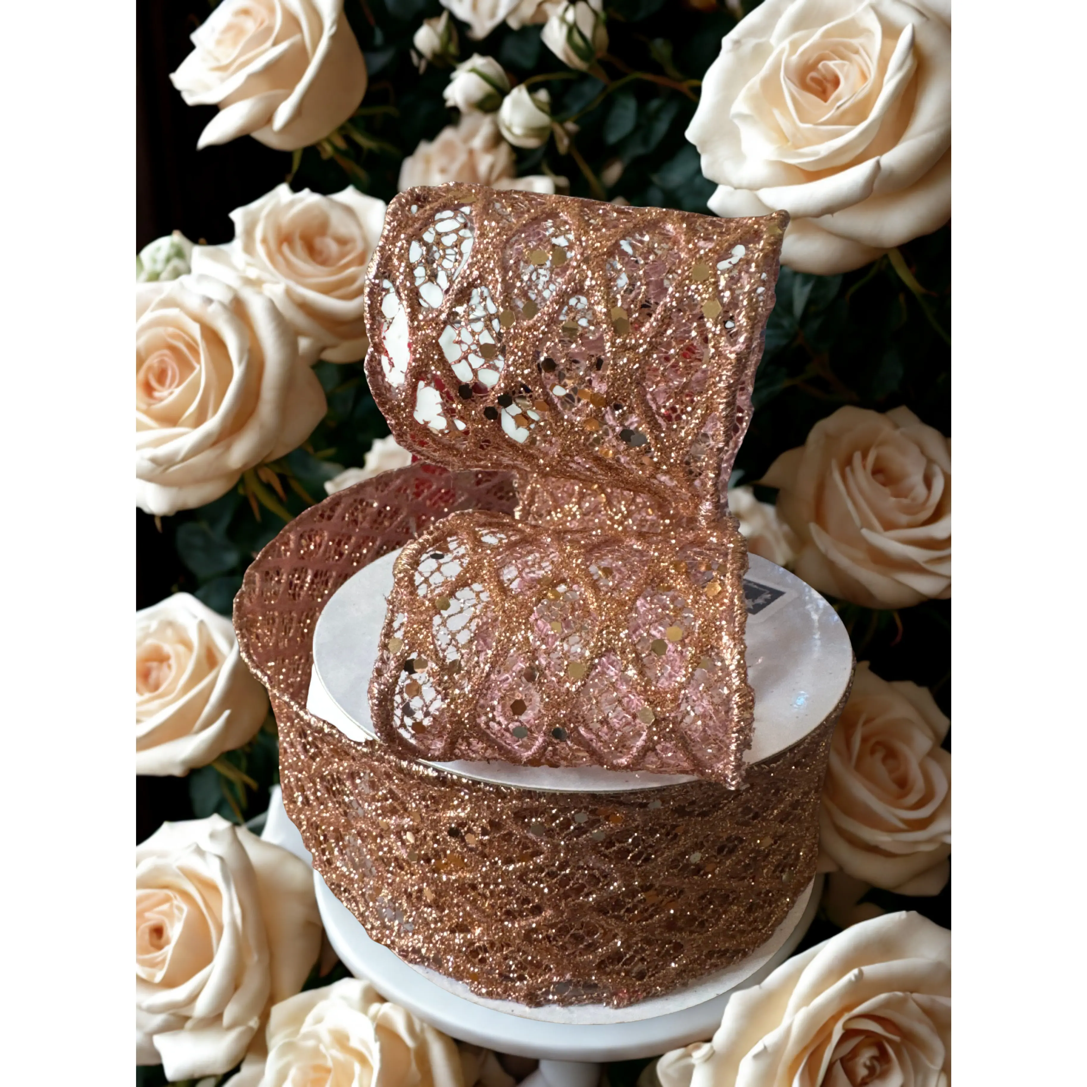 2.5-inch Rose Gold Webbed Mesh Glitter Ribbon – 2.5" x 10 Yards