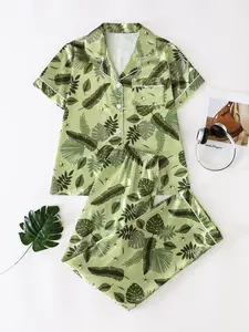 Women's Ice Silk Sleepwear Set, Colorblock Lapel Short Sleeve + Floral Print Long Pants, Comfortable Breathable Casual Wear