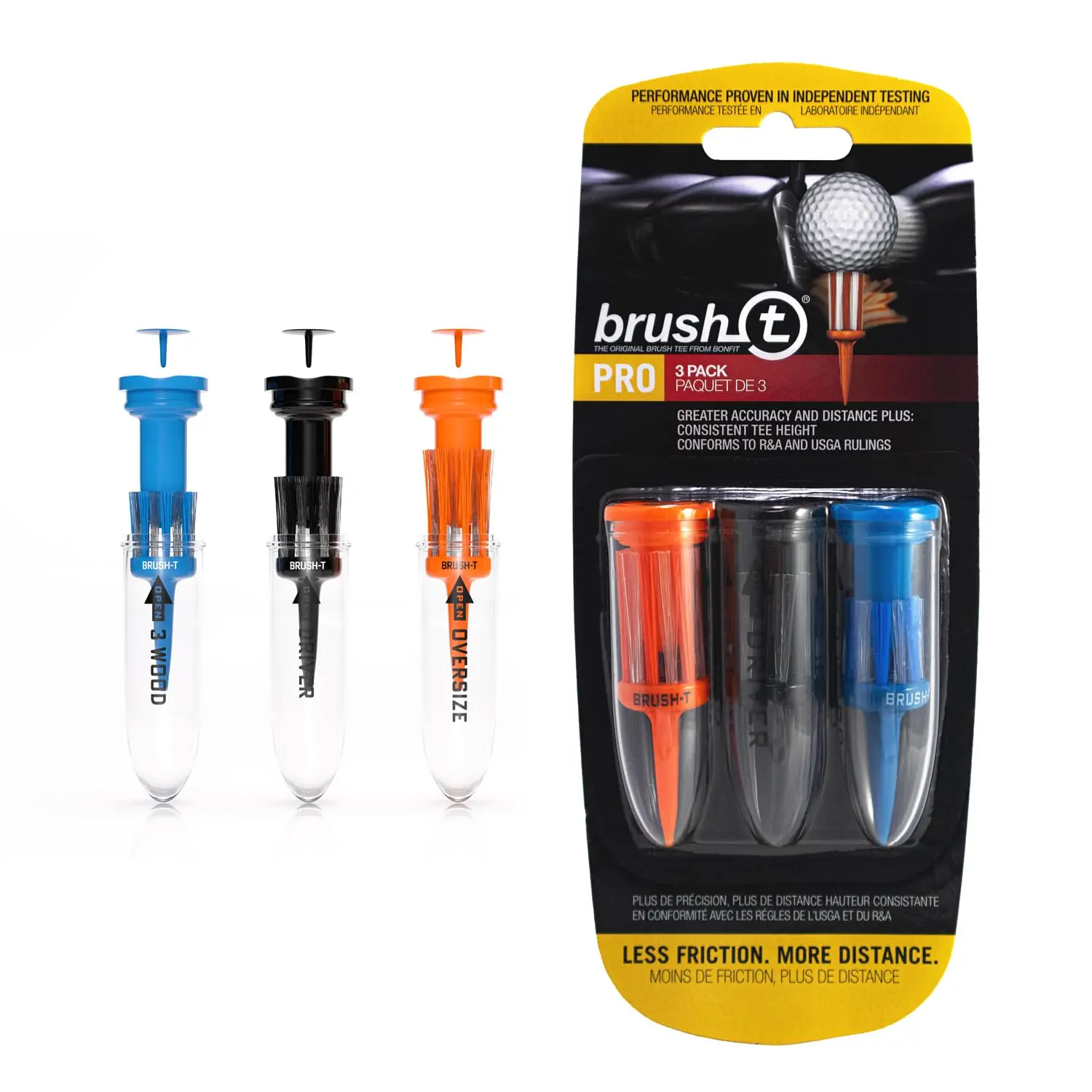 Brush-T Multi-Pack of 3 Golf Tees (Wood, Driver, Oversized) - Low Friction, More Distance, Consistent Height