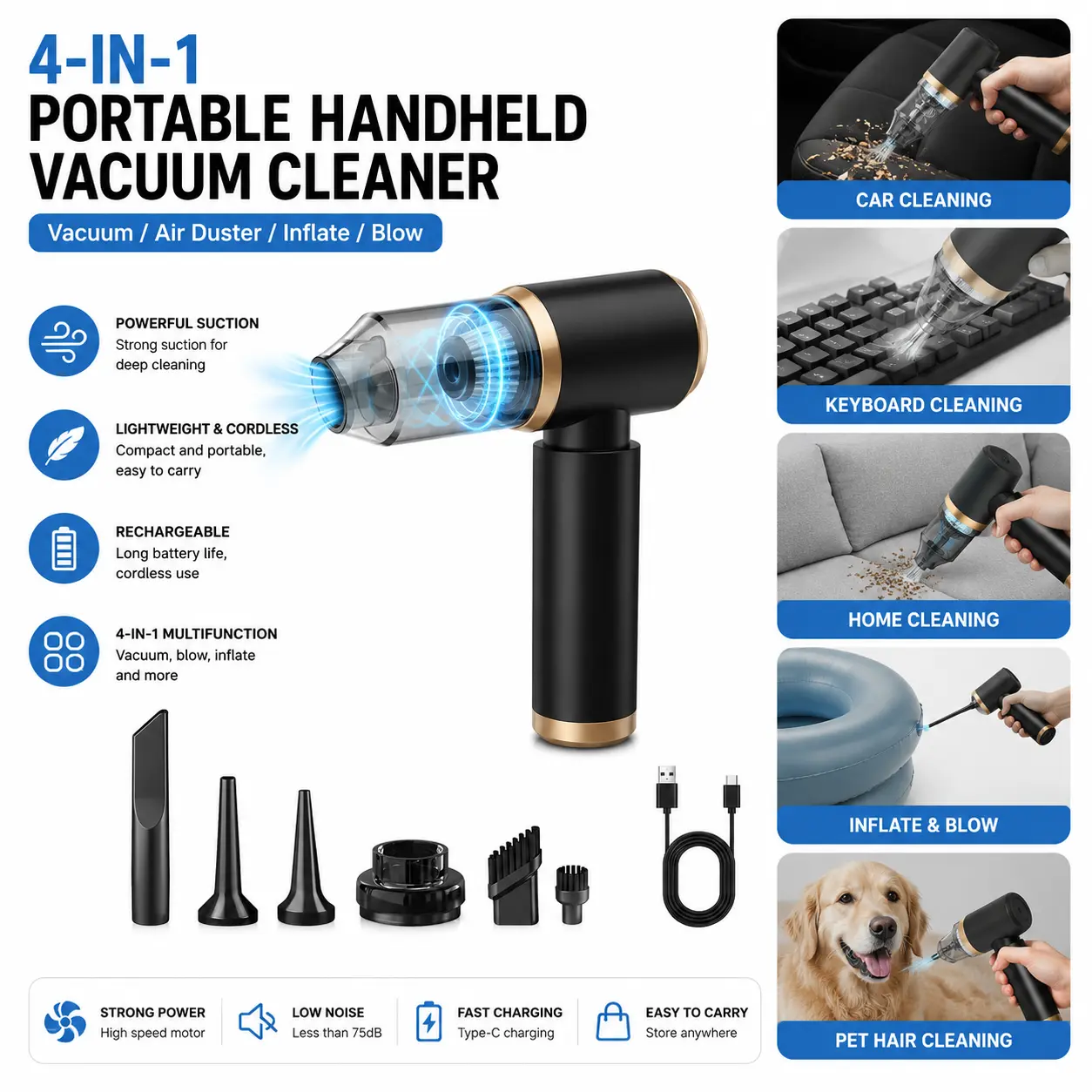 4-in-1 Portable Handheld Vacuum Cleaner, Rechargeable Cordless Vacuum Cleaner for Car, Cordless Air Duster, Hand Vacuum, Household Cleaning Tool for Home, Car, Office, Keyboard & Hard-To-Reach Areas