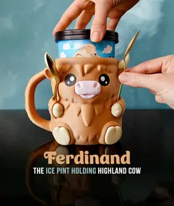 Ferdinand Highland Cow Ice Cream Pint Holder – 3D Printed with Spoon Slots & Snack Drawer