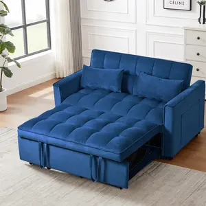 3 in 1 Convertible Sleeper Sofa Bed, Modern Pull Out Couch Bed, Adjustable Backrest, Velvet Loveseat Futon Sofa with Pillows & Pockets for Living Room Apartment, Blue