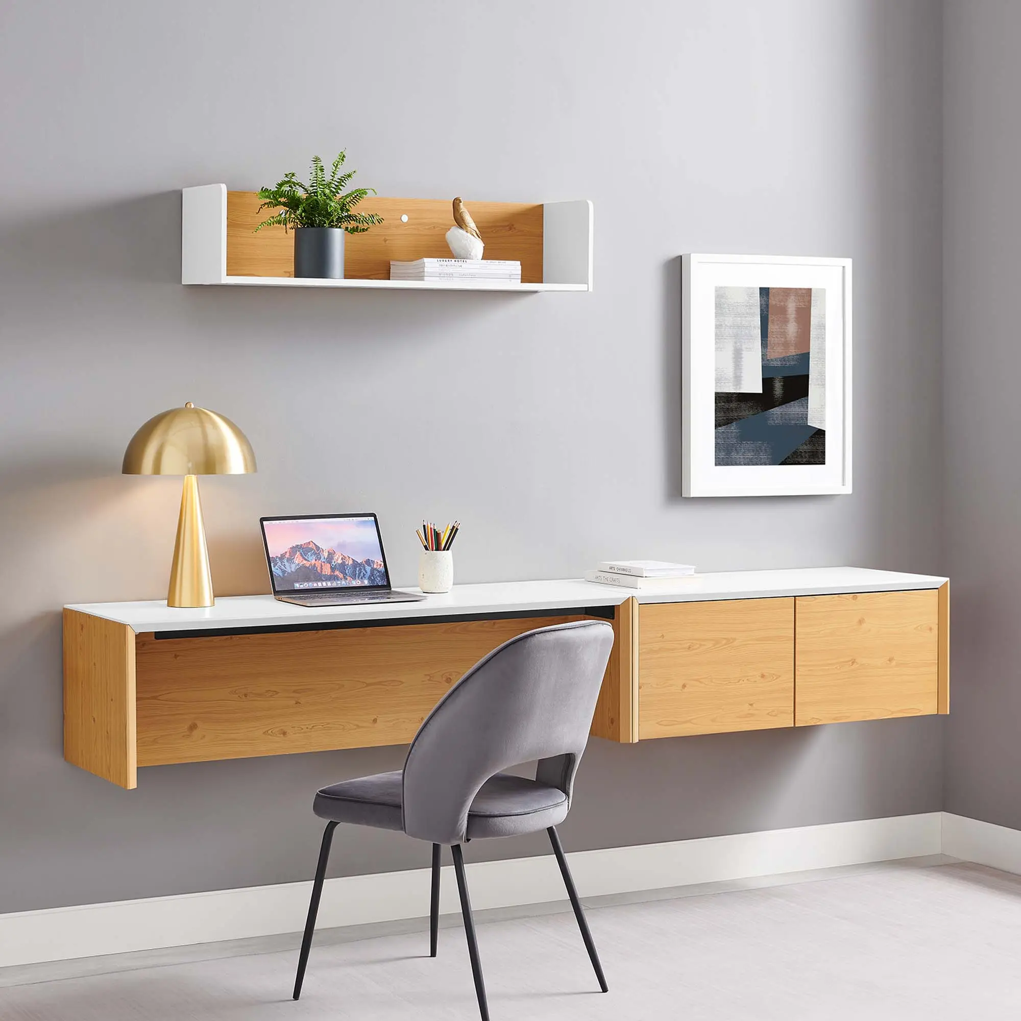 Modway Kinetic 49" Wall-Mount Office Writing Desk, White Natural, with Built-In Cabinet and Shelf
