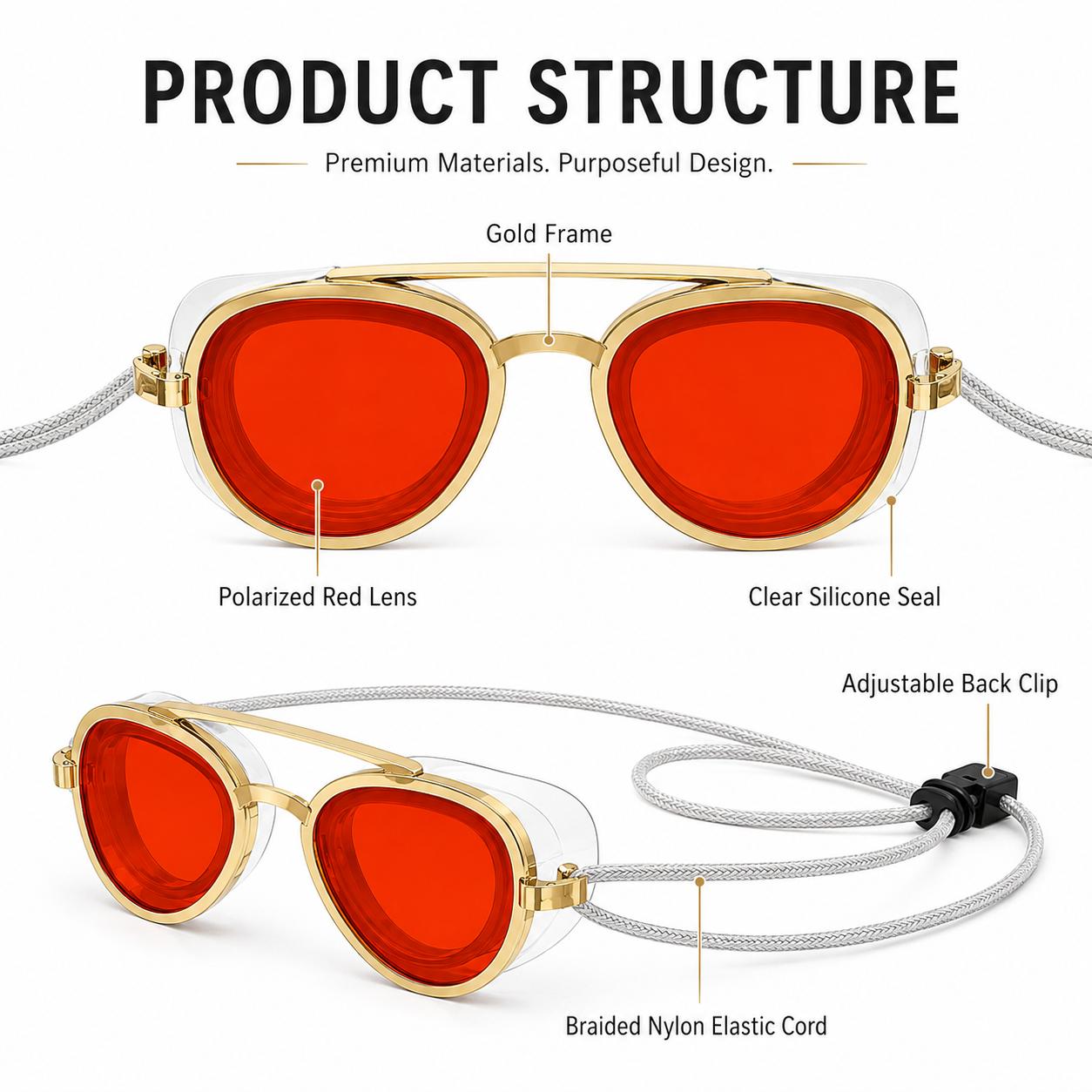 2-in-1 Polarized Swim Goggles & Sunglasses, Gold Frame Red Tinted Anti-Fog Goggles with UV Protection, 180° Wide View Silicone Seal for Adults