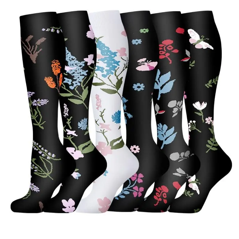 Flower Pattern Compression Socks, Floral Compression Socks, 6 Pairs Unisex Athletic Running Socks, Sports Socks for Running, Hiking, Cycling and Marathons, Polyester Athletic Socks, Athletic Tight Socks, Outdoor Running Socks