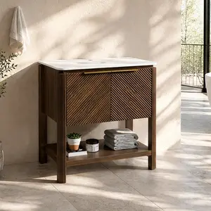 ARCH 30-Inch Freestanding Bathroom Floor Cabinet Without Sink, Double Door Storage Vanity with Open Shelf, Walnut Woodgrain Finish, Sintered Stone Countertop, Waterproof Plywood Body, Modern Fluted Design, for Bathroom Organization