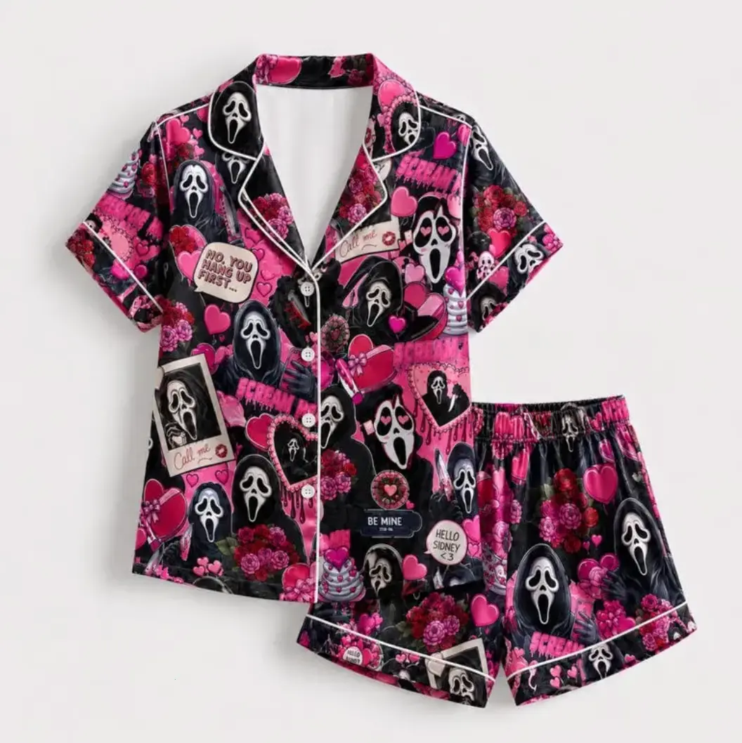 [Youth & Adult] Bundle Halloween Premium Satin Pajama Short and Long Set for Women and Kids, Horror Movie Character Satin Sleepwear, Casual Loungewear, Halloween Gift for Her, Halloween Party Outfit