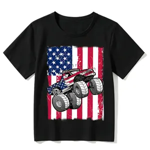 Graphic Toddler Tee "American Flag Monster Truck" Short Sleeve Cotton T-Shirt for Little Boys Girls Cute Kids Pullover Tops Playwear Everyday Outfit Child Clothes 2-10Y