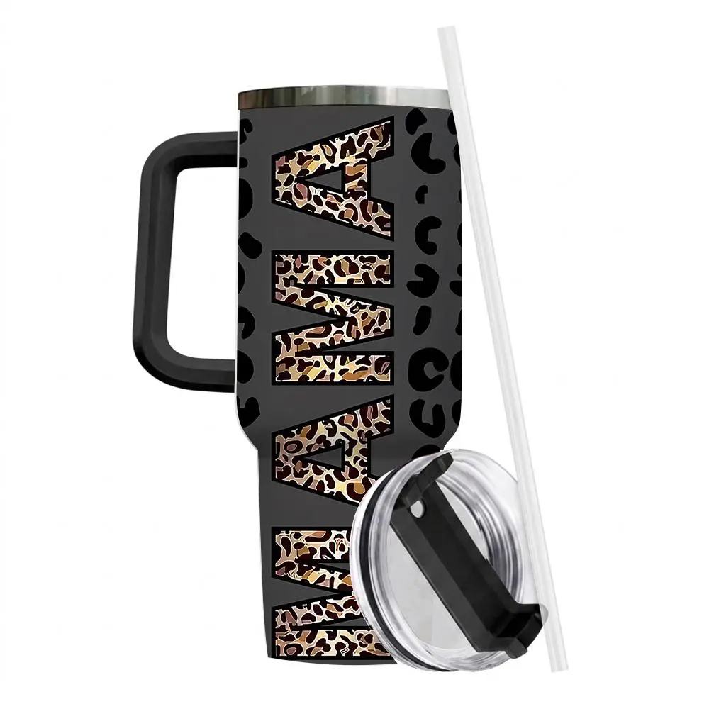 40oz Leopard Print Mama Insulated Stainless Steel Travel Cup, Insulated Tumbler, Includes Lid and Straw, Perfect Gift for Friends and Family, Ideal for Christmas and Halloween
