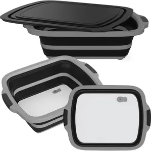 Collapsible BBQ Prep Tub with Lid, Prep Tub Bundle, Multifunctional Camping Cutting Board with Lid, 8L Storage Basket, Black Bowl, Kichen Food Utensils Container
