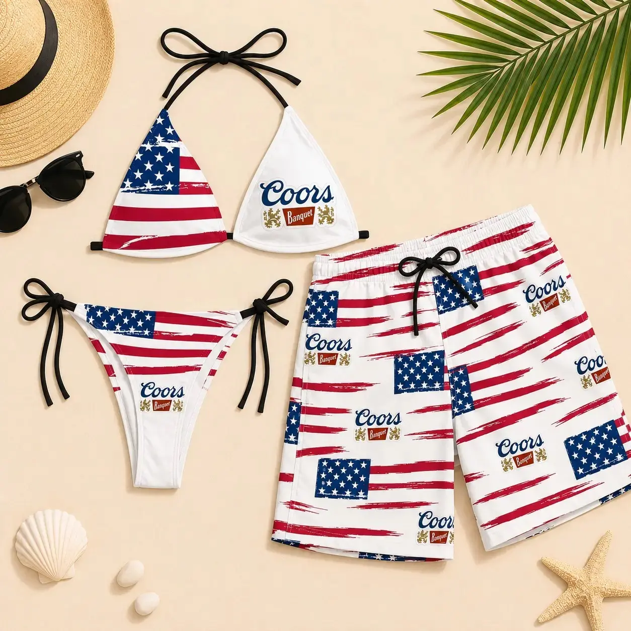 Collection Coors Swimsuits For Couples - Swim Bra & Tie Side Thong Bikini + Men's Beach Shorts, Summer Vacation Swimsuit, Hawaiian Short
