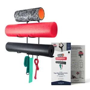 Altair Fitness Yoga Mat Wall Holder Mount Rack, Foam Roller and Towel Rack 3-Tiered Metal Design Black