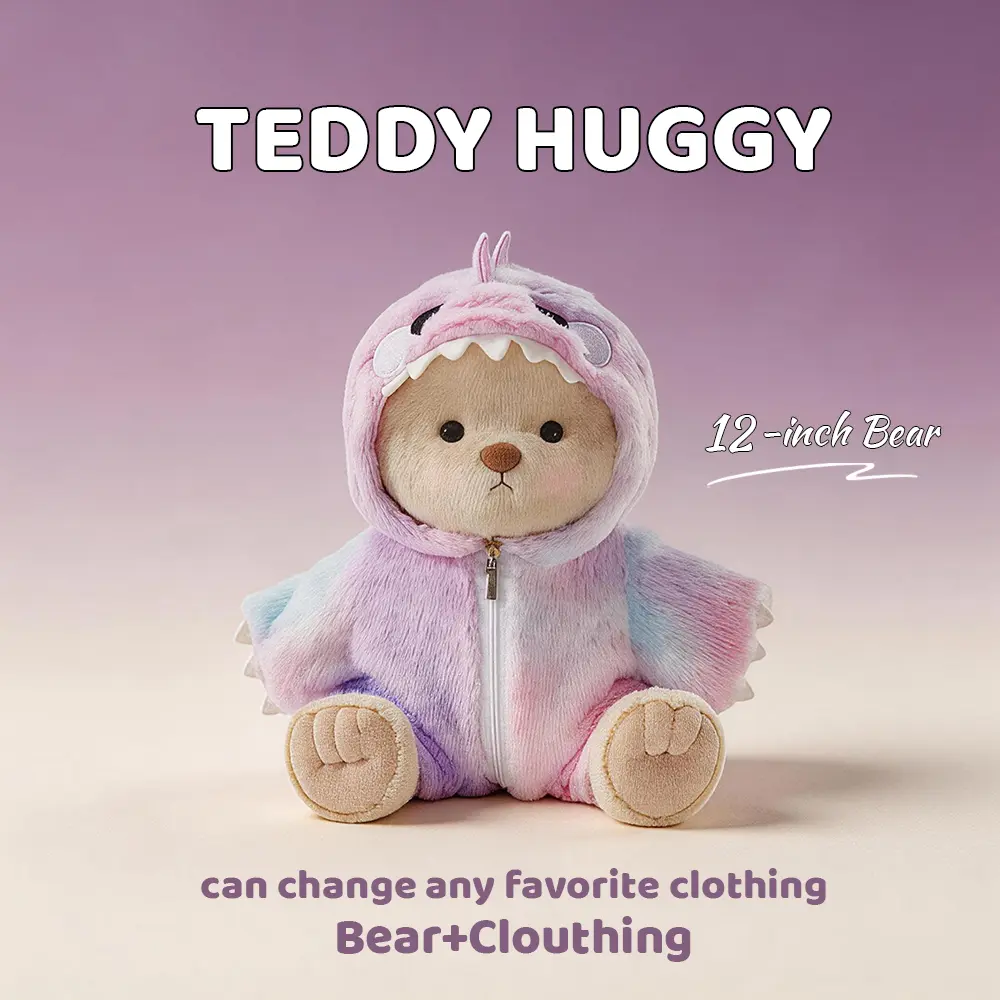 TEDDY HUGGY Cute Teddy Bear Series - Rainbow Purple Dinosaur Jumpsuit Paired with a Cute Teddy Bear - 12 Inches Tall - Soft Plush Toy with Movable Joints - The Perfect Gift for Any Age.