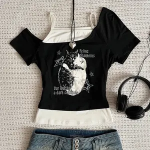 Asthetische Goth Fledermaus Brief Y2K Stil zweitelige T-Shirt Kurzarm Weste Harajuku Streetwear Hosentrger Frauen Kleidung Shirt