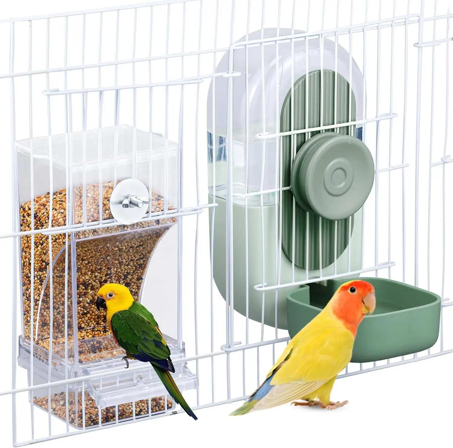 Pack Of 2 No Mess Bird Feeder Water Dispenser Set - Automatic External Hanging Bird Water Feeder And Dispenser | Essential Parakeet Cage Additions for Cockatiels, Budgies, Macaws