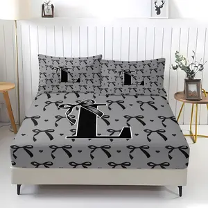 3-piece set of Black bow letter pattern bed sheets, including 1 bed sheet and 2 pillowcases, with anti slip and dust-proof covers suitable for bedrooms and daily holiday, birthday, and gift giving occasions, Bedsheet Sets
