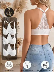 3PCS Sexy Front Buckle Halter Bra, Elegant Lace Y-Back, Anti-Sag Support, Perfect for Backless Dresses, V-Neck Tops, Night Outwear